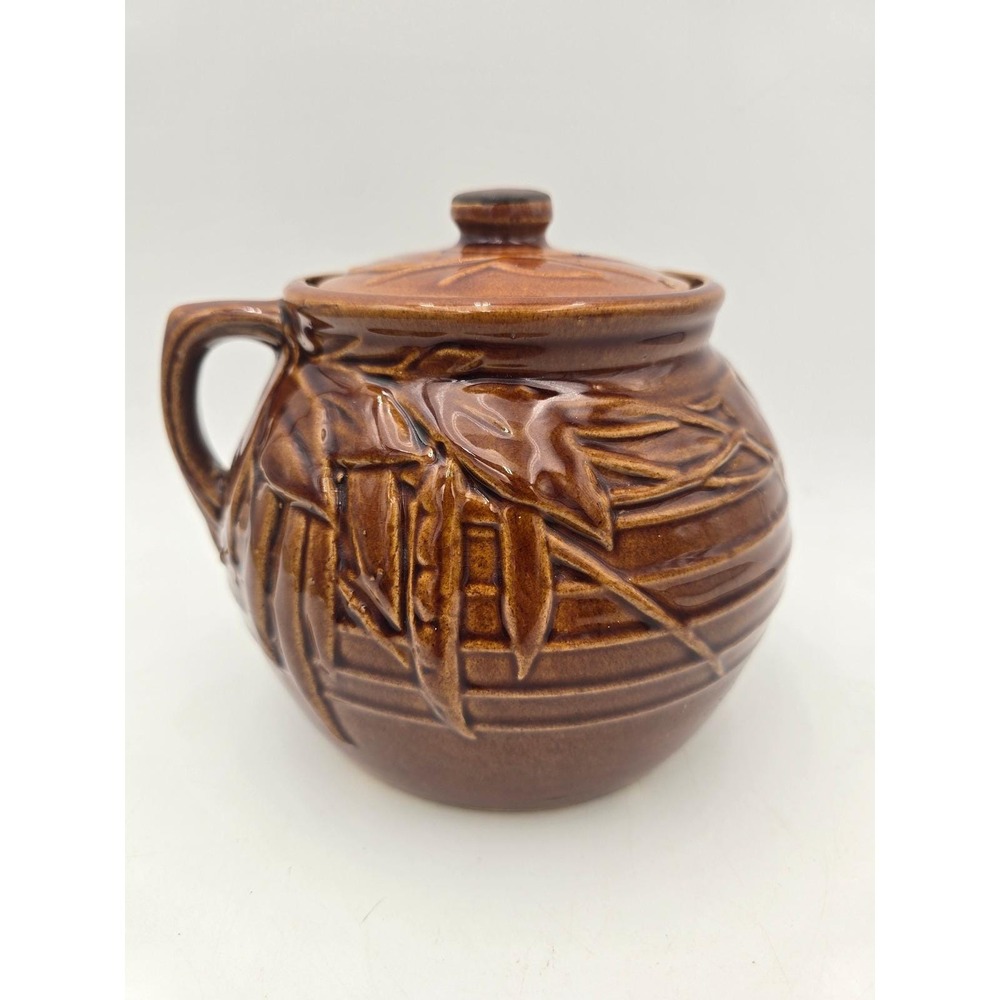 Vintage McCoy Pottery Pea Pod Bamboo Bean Pot Cookie Jar Brown Glaze With Lid